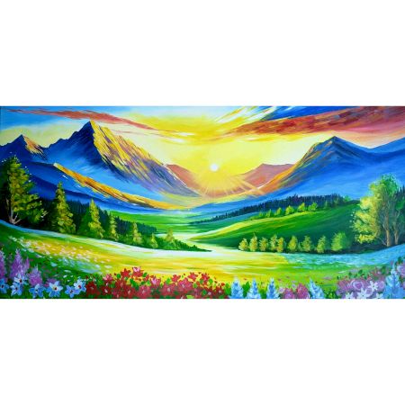 Radiant Valley Sunrise Canvas Painting by Artist Prathvishree 60 x 120 cm